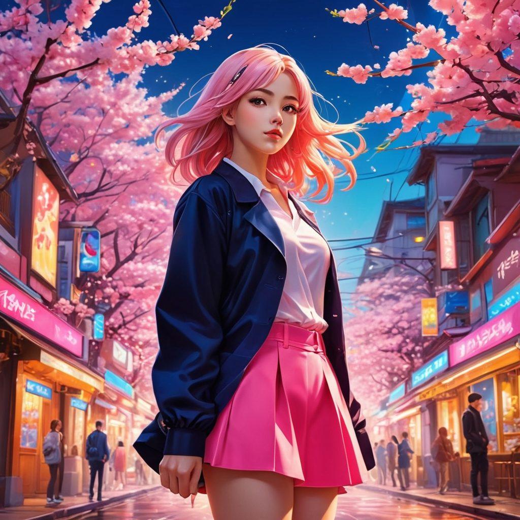 A colorful and eye-catching collage of adult anime characters in various poses, surrounded by visual elements like speech bubbles and open visual novels, set in a whimsical, fantasy-inspired background. Incorporate subtle hints of sensuality while maintaining an artistic flair, ensuring it is tasteful yet intriguing. Include elements like cherry blossoms, glowing neon lights, and abstract shapes to enhance the atmosphere. vibrant colors. digital art.